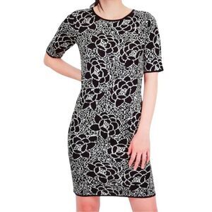 MAK Black And White Jacquard Floral Print Sweater Dress, Size S, NWT